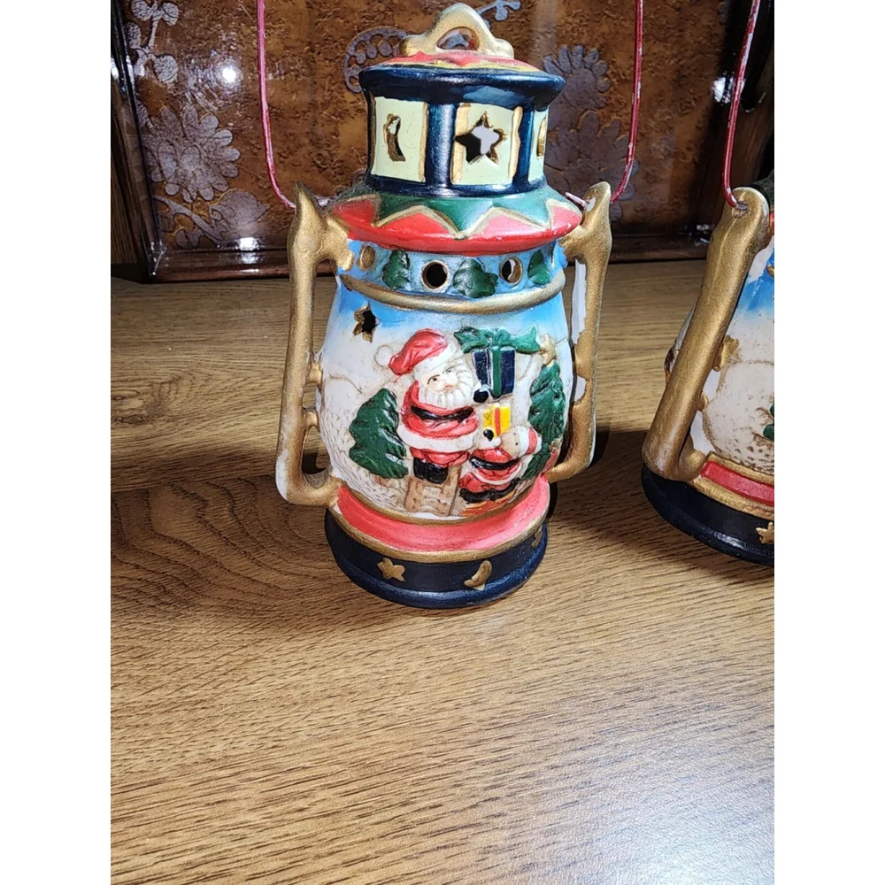 Christmas Ceramic Lantern Tealight Candle Holder Set Santa Claus & Mouse Holiday